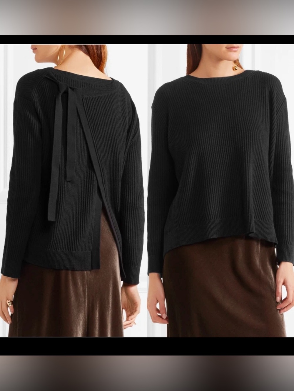 Vince Split Back Cashmere Cotton Blend Tie Back Sweater in Black Size XS
